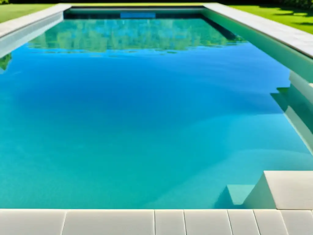 Deslumbrante piscina cristalina con floculante Una piscina cristalina bañada por la luz del sol, con reflejos del verde entorno y el cielo azul