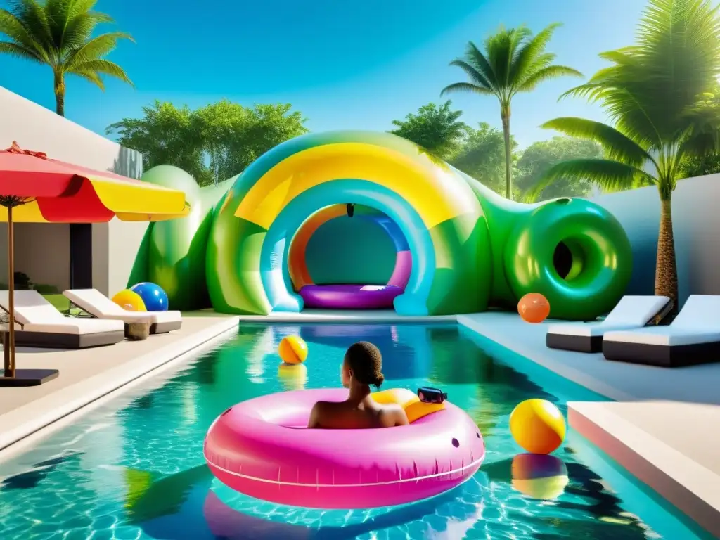 Piscina moderna con juegos de realidad aumentada Una piscina cristalina con diseño moderno rodeada de exuberante vegetación y palmeras
