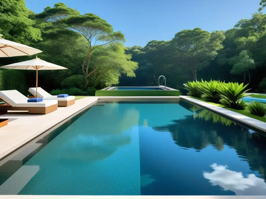 Piscina de diseño moderno con sistema de desinfección innovador Una piscina cristalina con un diseño moderno y un sistema de desinfección sin cloro, rodeada de exuberante vegetación y cielo azul
