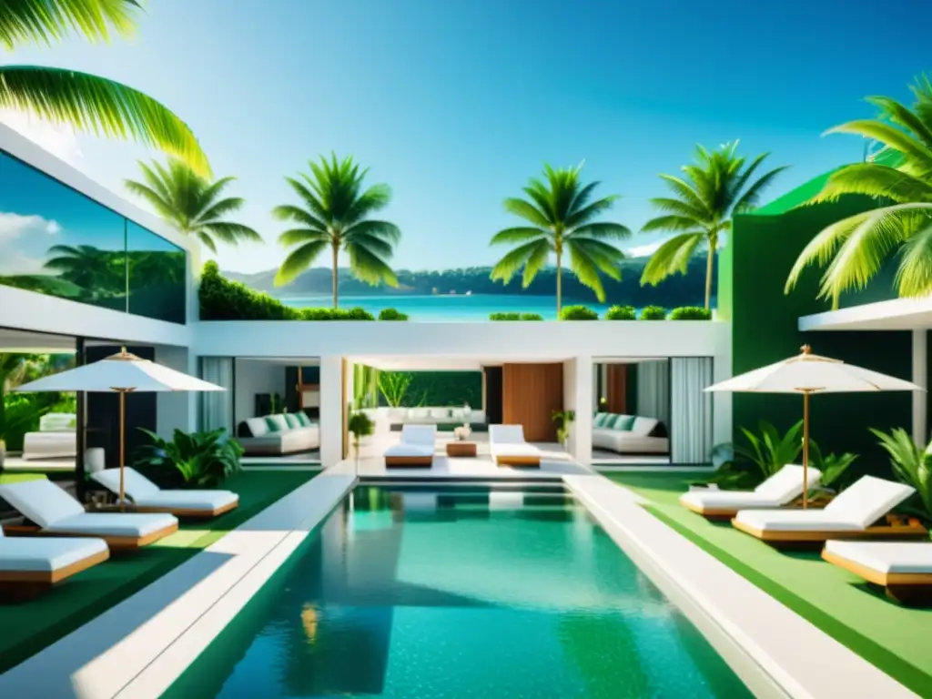 Espléndida piscina de lujo con modernos edificios geométricos Una piscina cristalina con edificios modernos en el fondo, rodeada de lujosas sillas blancas y palmeras verdes vibrantes
