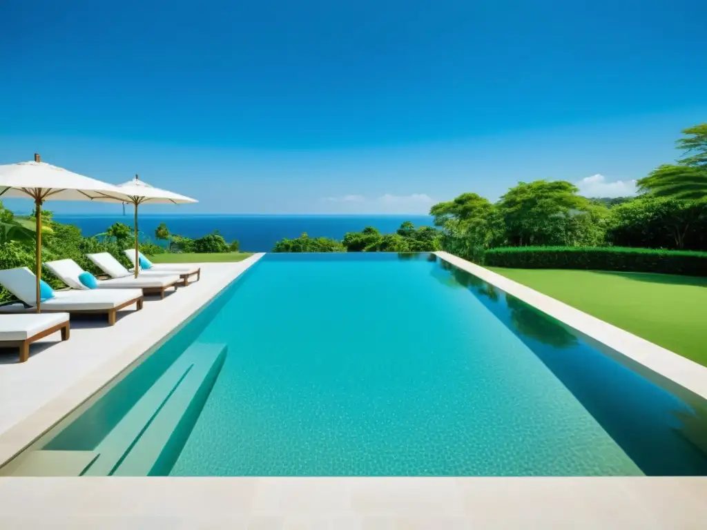 Piscina cristalina en armonía con la naturaleza Una piscina cristalina con equilibrio químico del agua, rodeada de vegetación y cielo azul, creando un ambiente armonioso y equilibrado