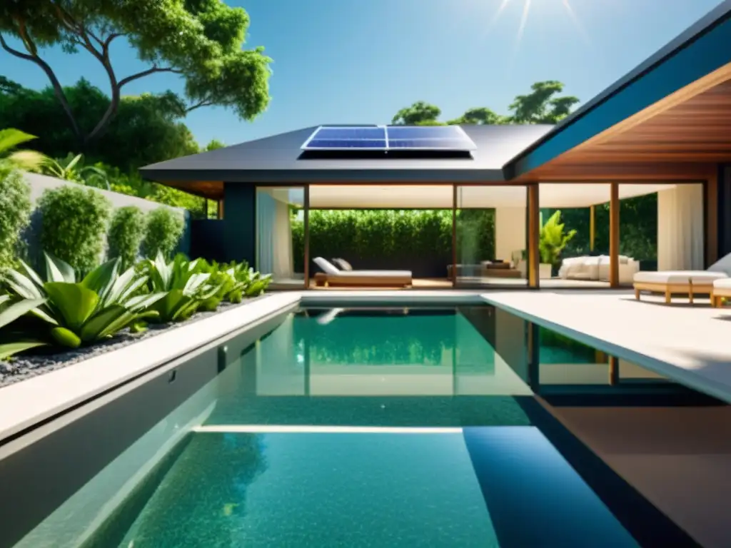 Piscina reluciente y ecológica con paneles solares Una piscina cristalina con un moderno sistema de calefacción solar en el techo de una casa ecológica