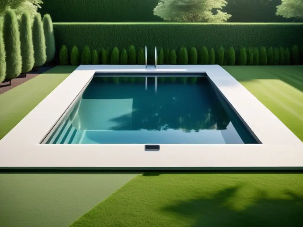 Piscina cristalina con sistema de filtración UV moderno Una piscina cristalina con un moderno sistema de filtración UV para piscinas, rodeada de un entorno sereno y acogedor