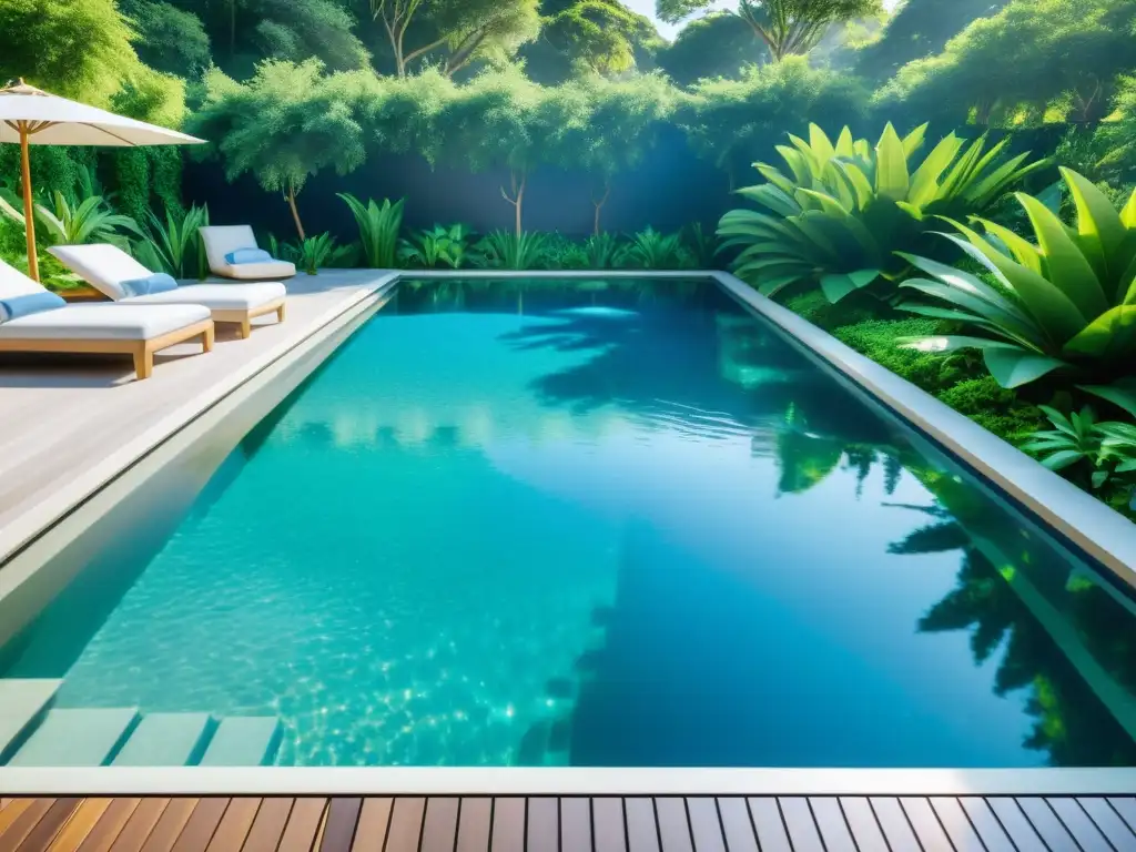 Piscina cristalina 8k con agua azul vibrante y naturaleza exuberante Una piscina cristalina y reluciente, rodeada de exuberante vegetación y bañada por la luz natural