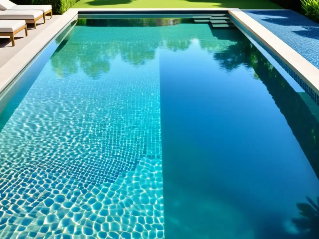 Piscina cristalina: oasis de serenidad y frescura Una piscina cristalina y reluciente rodeada de exuberante vegetación, con sillas modernas y un ambiente sereno