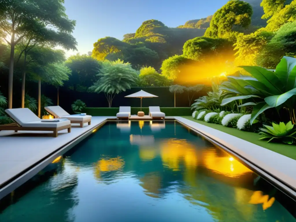 Piscina cristalina bajo el sol dorado Una piscina cristalina reflejando el resplandor dorado del atardecer, rodeada de exuberante vegetación y mobiliario de lujo