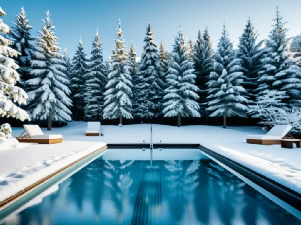 Piscina cristalina en invierno con moderno sistema de filtración Una piscina cristalina rodeada de árboles nevados, con un moderno sistema de filtración en funcionamiento, capturando la serena atmósfera invernal y destacando la importancia de la filtración durante el invierno