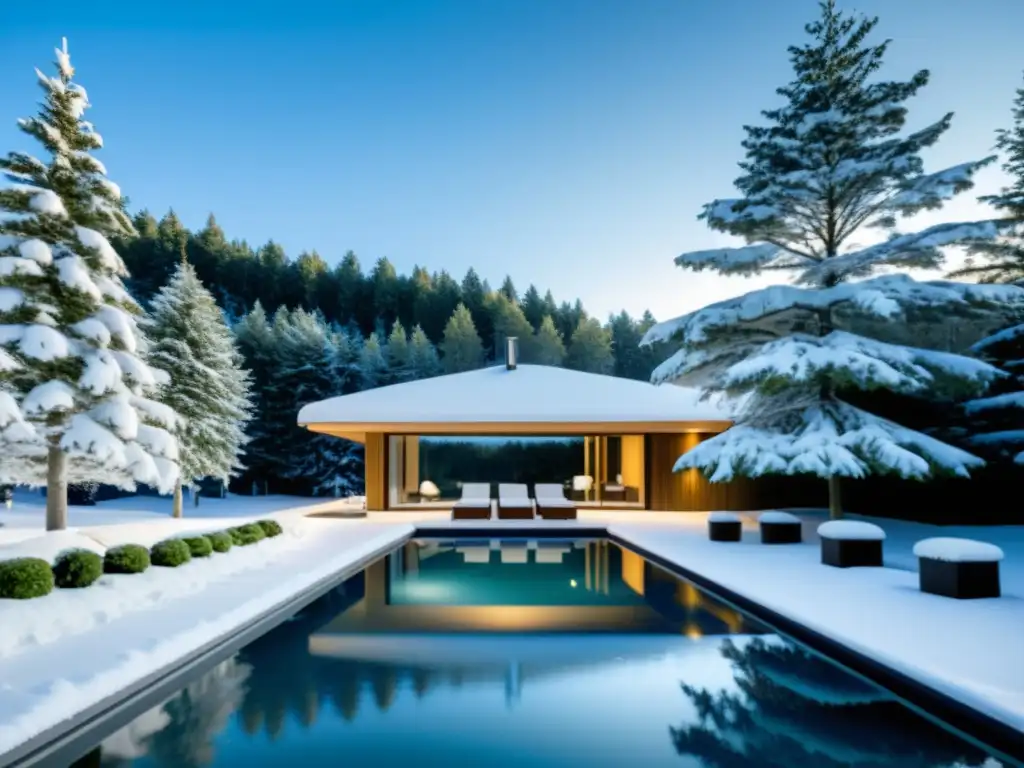 Piscina de invierno con sistema de filtración eficiente Una piscina cristalina rodeada de árboles cubiertos de nieve, con un moderno sistema de filtración de piscinas visible