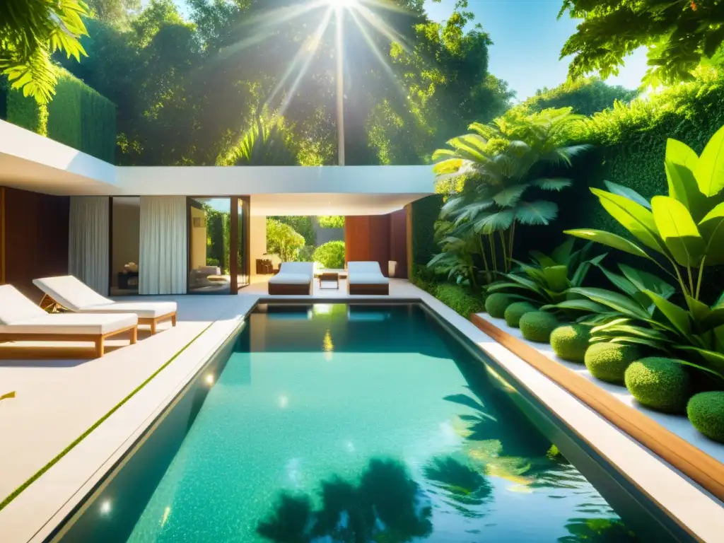 Espléndida piscina cristalina en entorno natural Una piscina cristalina rodeada de exuberante vegetación, bañada por cálida luz solar