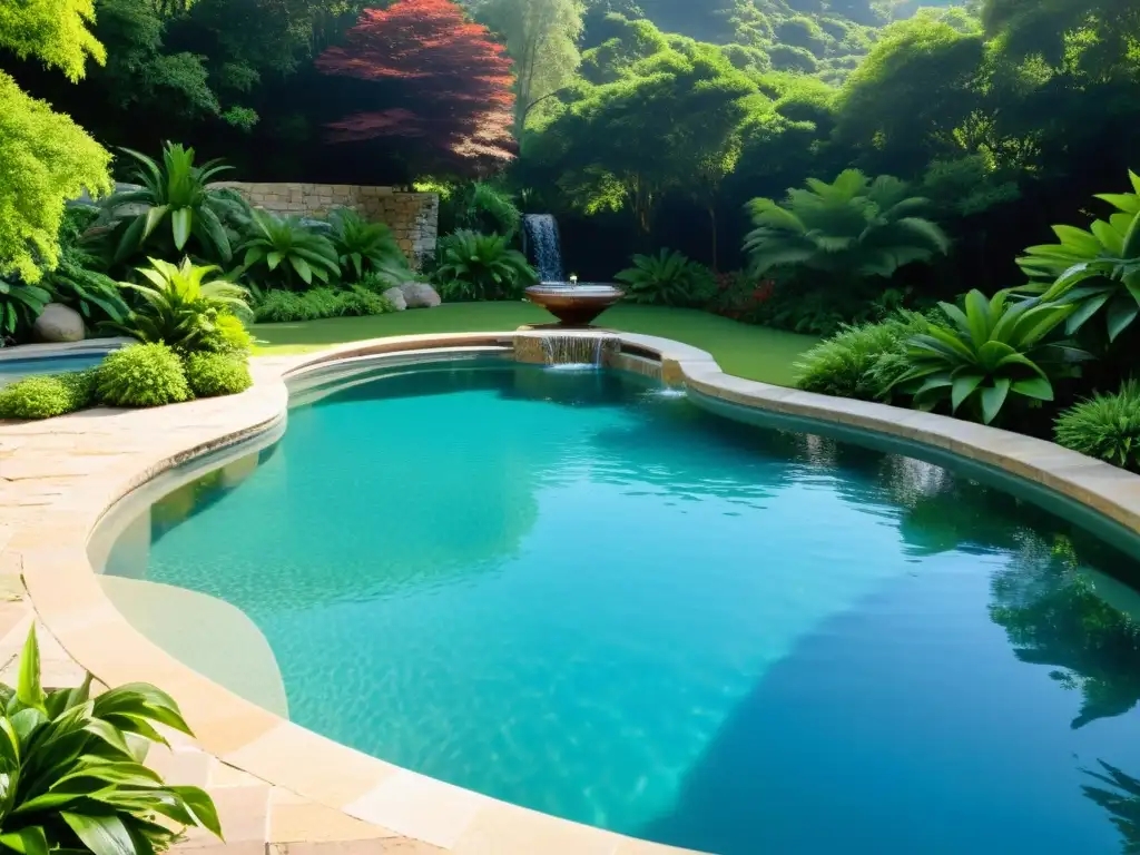 Piscina cristalina entre exuberante vegetación y cascada Una piscina cristalina rodeada de exuberante vegetación, con el sol iluminando suavemente la superficie del agua