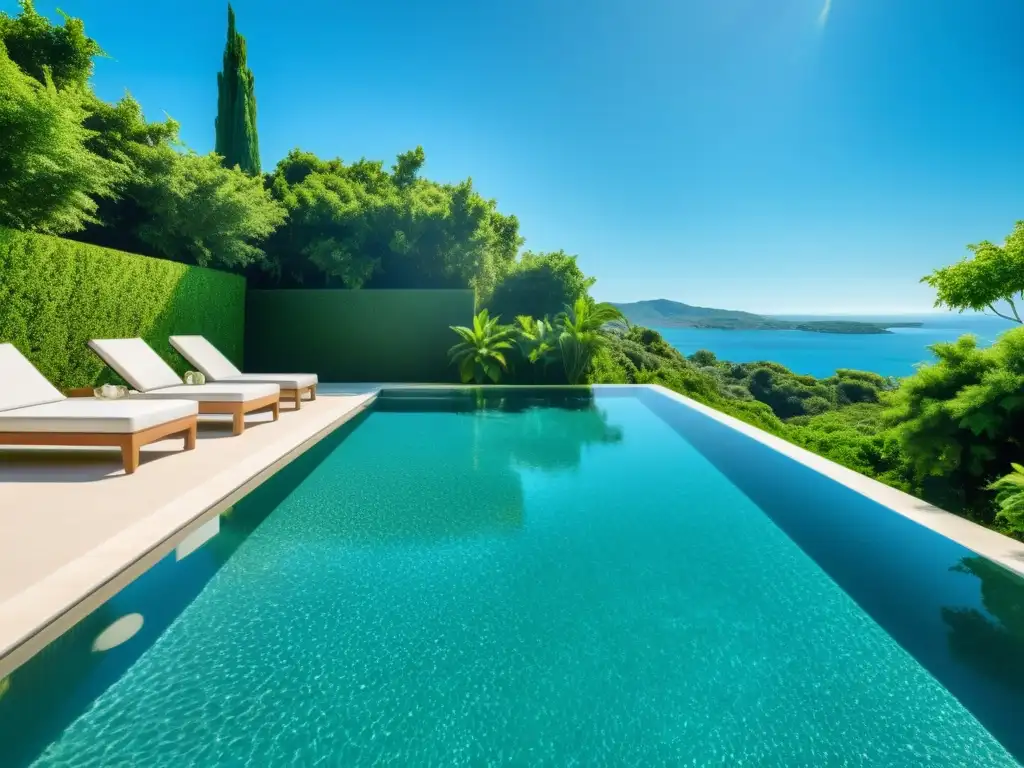 Una piscina cristalina rodeada de exuberante vegetación, iluminada por el cálido sol
