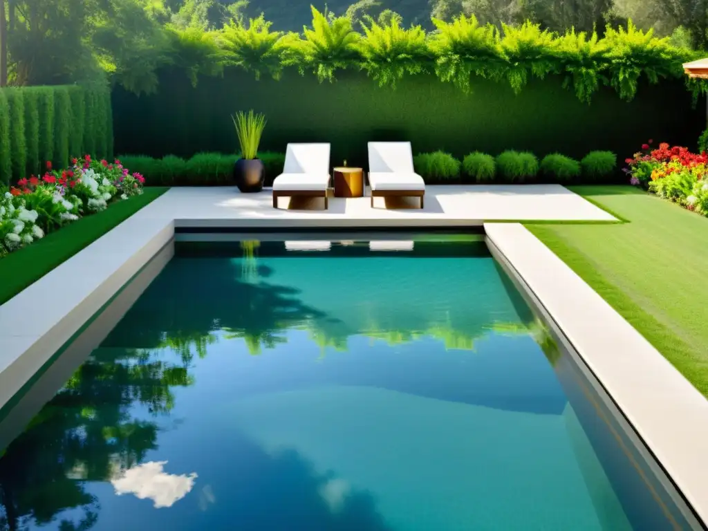 Piscina cristalina con filtración UV Una piscina cristalina rodeada de exuberante vegetación y flores coloridas, con un avanzado sistema de filtración UV
