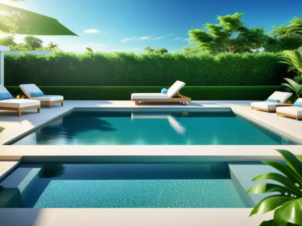 Una piscina cristalina rodeada de exuberante vegetación y elegante mobiliario de patio