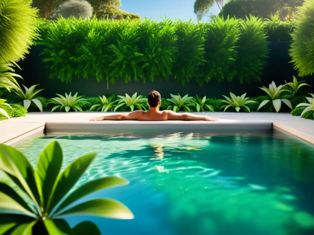 Una piscina cristalina rodeada de exuberante vegetación, mostrando alternativas ecológicas en el cuidado de la piscina