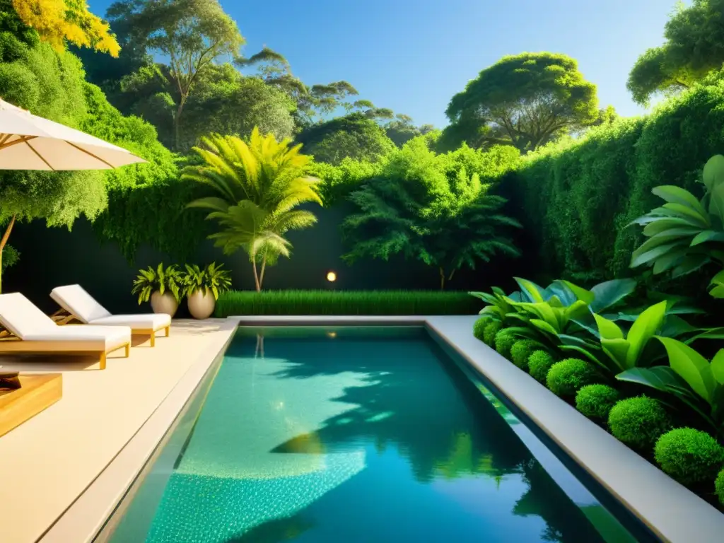 Una piscina cristalina rodeada de exuberante vegetación bajo la luz dorada, con alternativas ecológicas para el cuidado de la piscina en exhibición