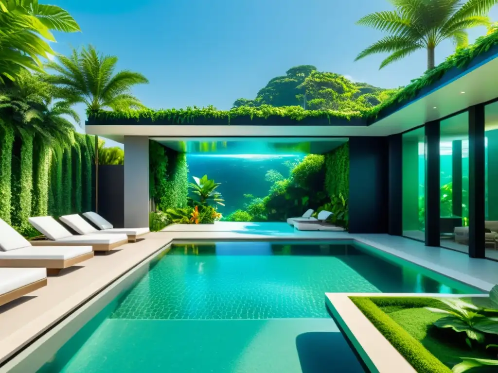 Piscina de realidad aumentada: un oasis futurista Una piscina cristalina rodeada de exuberante vegetación y tecnología de realidad aumentada para actividades en piscinas con realidad aumentada