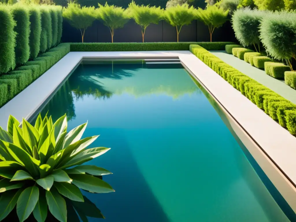 Piscina de lujo: agua cristalina, entorno verde y relajante Una piscina cristalina rodeada de exuberante vegetación, bañada por cálida luz solar