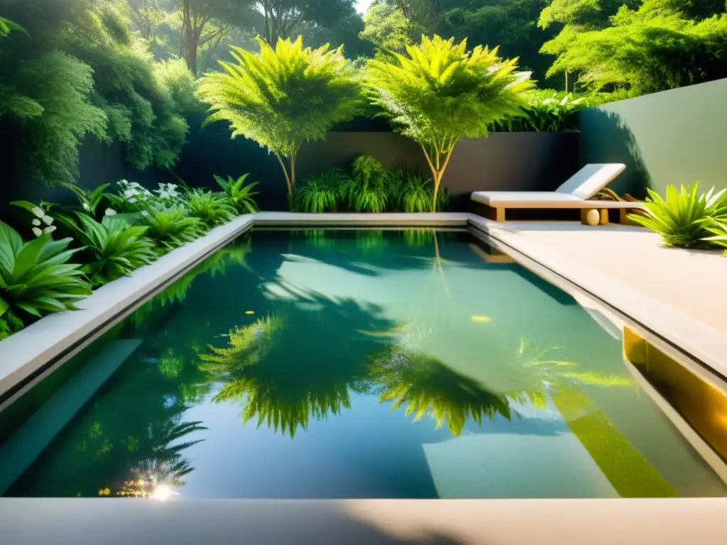 Piscina cristalina sin cloro: innovación y bienestar Una piscina cristalina rodeada de exuberante vegetación, con los rayos del sol iluminando el agua