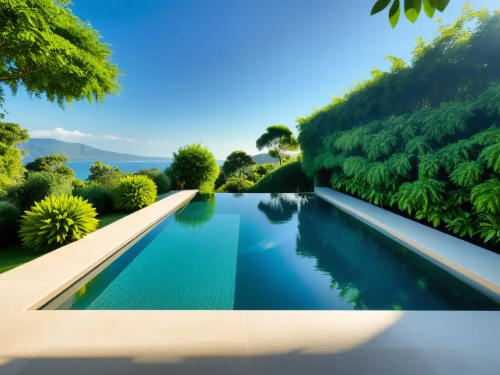 Espléndida piscina ecológica en oasis natural Una piscina cristalina rodeada de exuberante vegetación, iluminada por el cálido sol