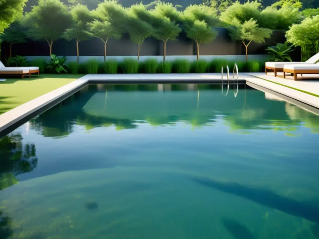 Piscina cristalina con luz solar y mobiliario moderno Una piscina cristalina rodeada de exuberante vegetación y muebles modernos
