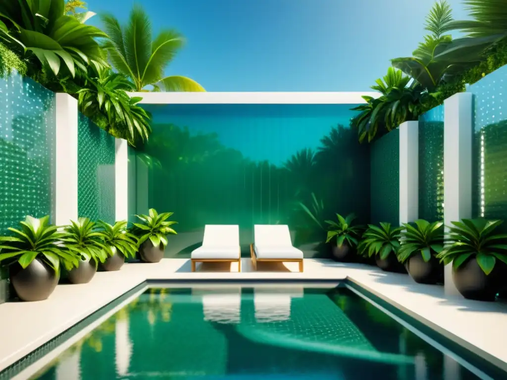 Piscina de lujo con patrón geométrico y exuberante vegetación Una piscina cristalina rodeada de lujosa vegetación tropical y muebles blancos modernos