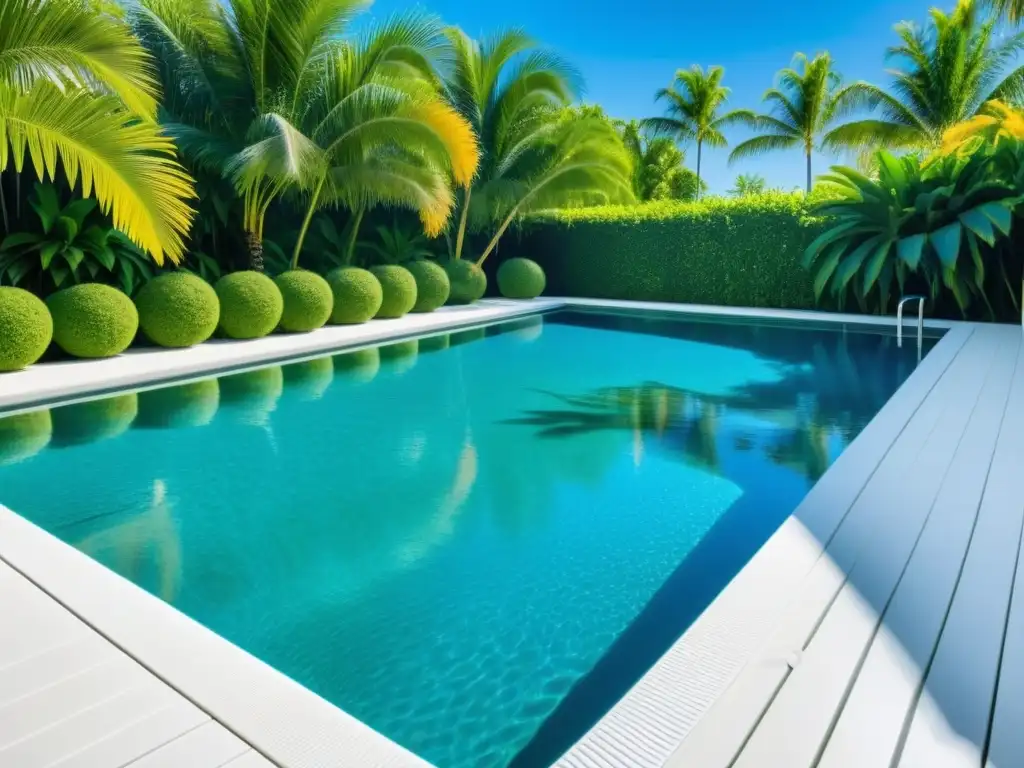 Tranquilidad cristalina: Piscina segura y acogedora Una piscina cristalina rodeada de palmeras verdes, con un área de descanso segura