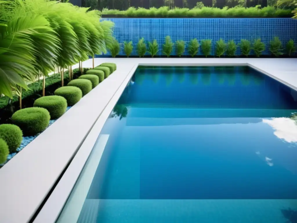 Piscina de lujo con sistema de purificación integrado Una piscina cristalina con sistema de purificación integrado, rodeada de exuberante vegetación y mobiliario moderno