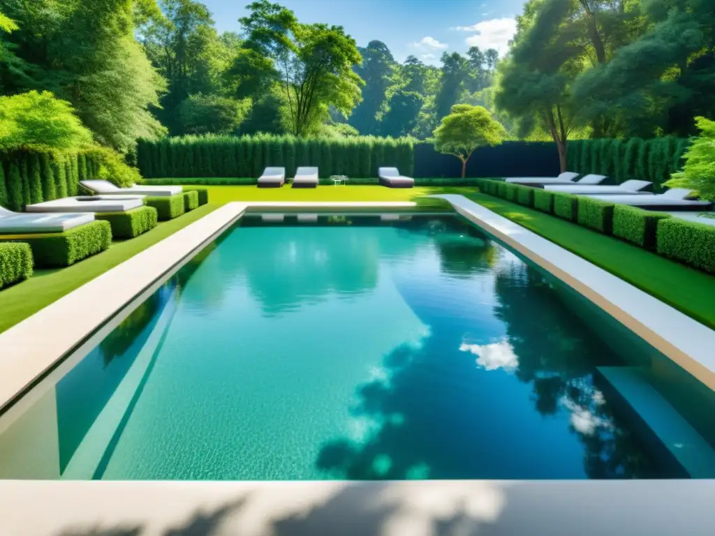 Piscina cristalina: lujo y limpieza en un oasis Una piscina cristalina bajo el sol brillante con agua azul reluciente y sin rastro de algas a la vista