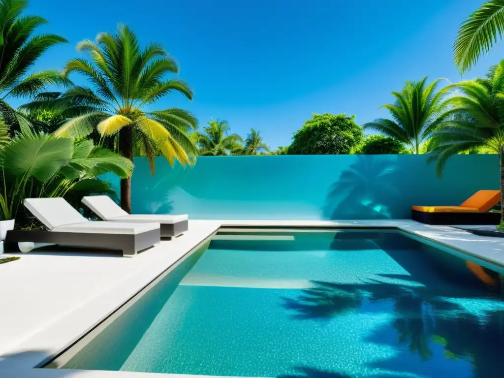 Piscina cristalina bajo el sol: lujo y serenidad Una piscina cristalina bajo el sol, rodeada de palmeras verdes y cómodas sillas