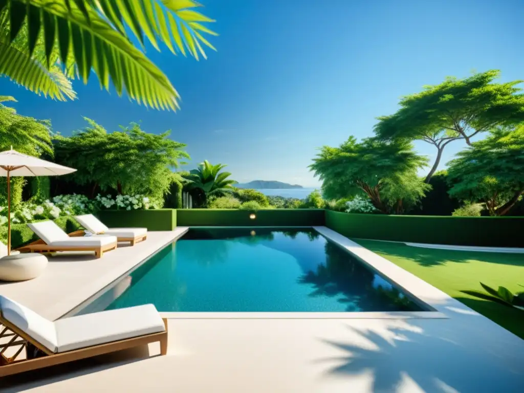 Una piscina cristalina bajo el sol, rodeada de exuberante vegetación y muebles elegantes
