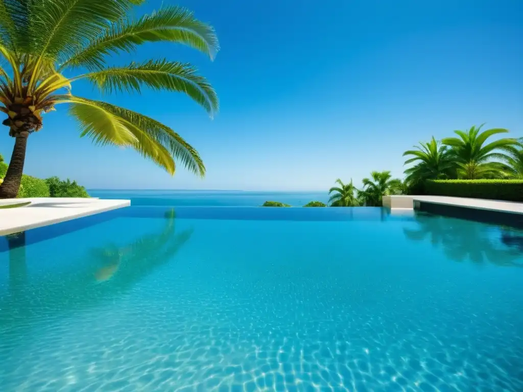 Piscina cristalina bajo el sol: lujo y relajación Una piscina cristalina bajo el sol, rodeada de palmeras y cielo azul
