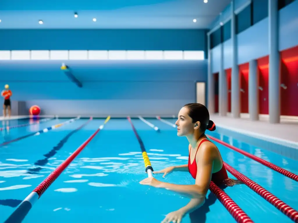 Clase de natación en piscina moderna con instructor profesional Una piscina cubierta moderna con agua cristalina y un instructor de natación dando consejos de seguridad a estudiantes de todas las edades
