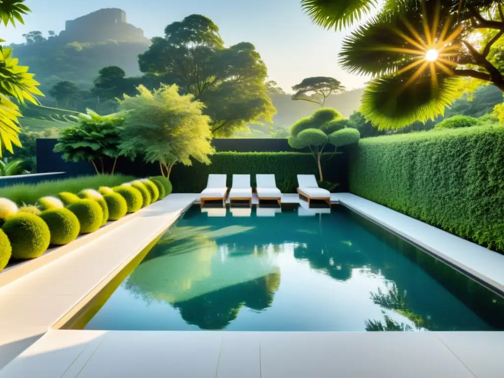 Piscina de diseño moderno rodeada de naturaleza exuberante Una piscina de diseño moderno y minimalista, rodeada de exuberante vegetación, bañada por la luz dorada del sol