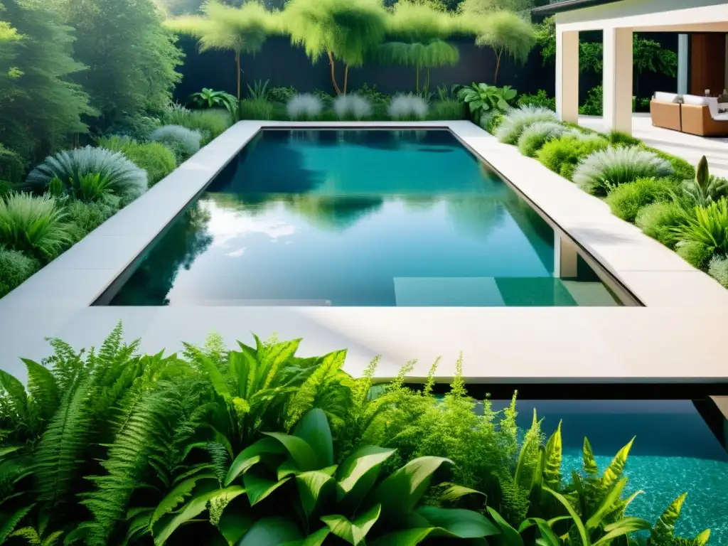 Oasis ecológico: piscina cristalina en paisaje exuberante Una piscina ecológica para bienestar sostenible en un paisaje exuberante con agua cristalina, diseño armonioso y plantas acuáticas vibrantes