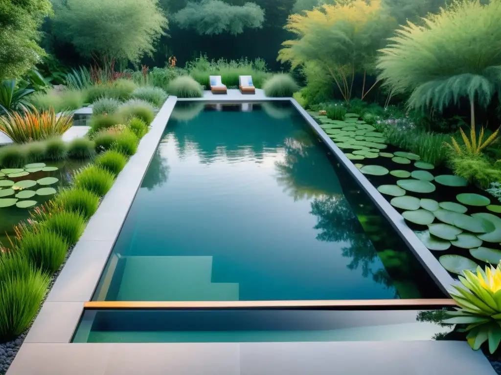 Espectacular piscina ecológica en un paisaje exuberante Una piscina ecológica para bienestar sostenible en armonía con la naturaleza