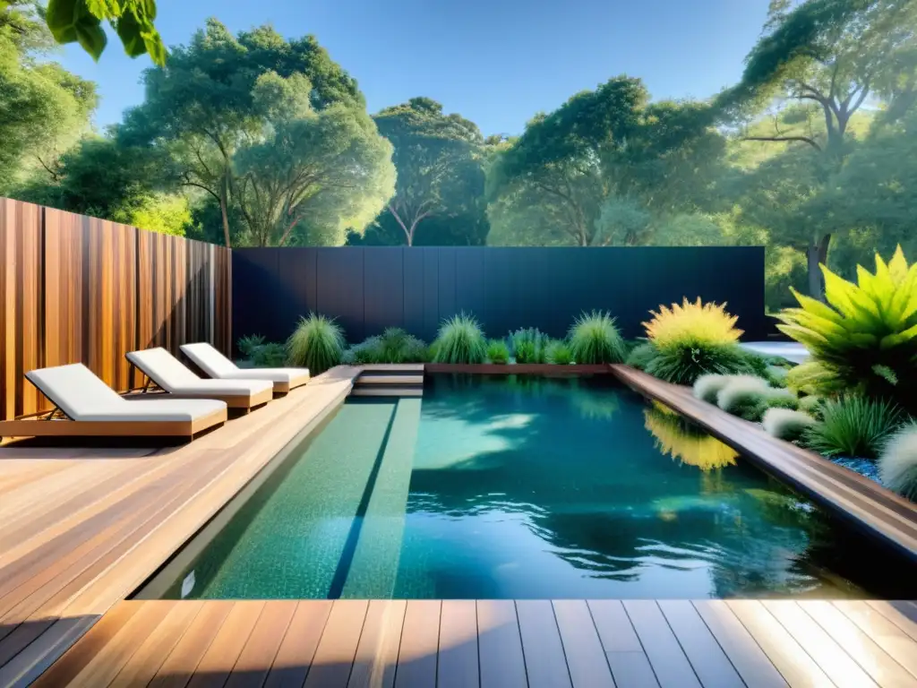 Piscina ecológica 8k: moderna armonía sostenible Una piscina ecológica integrada en la naturaleza con materiales ecofriendly para piscinas sostenibles, rodeada de plantas nativas y paneles solares