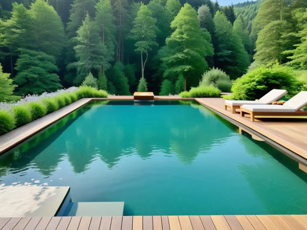 Piscina natural de ensueño en el bosque Una piscina ecológica en medio de un exuberante bosque, ofreciendo beneficios de salud y económicos