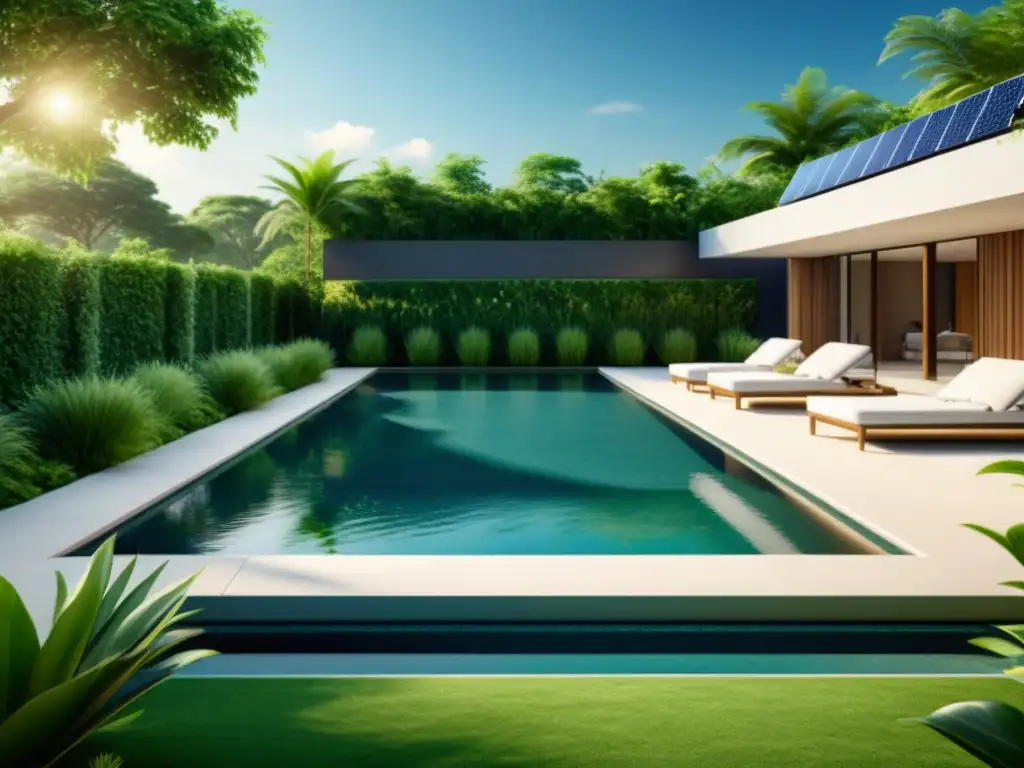 Una piscina ecológica moderna con paneles solares y diseño sostenible, Alternativas ecológicas cuidado piscina