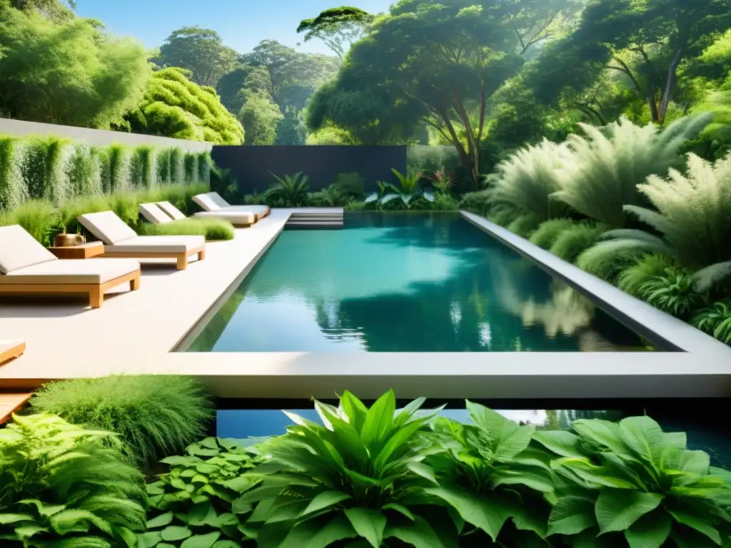 Tranquilo paraíso ecológico: piscina moderna rodeada de naturaleza Una piscina ecológica y moderna rodeada de exuberante vegetación y luz solar, transmitiendo tranquilidad y sostenibilidad