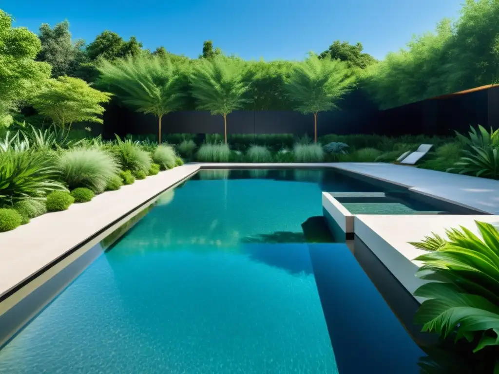 Piscina ecológica: armonía natural y diseño moderno Una piscina ecológica moderna rodeada de exuberante vegetación, reflejando la armonía entre la naturaleza y el diseño contemporáneo