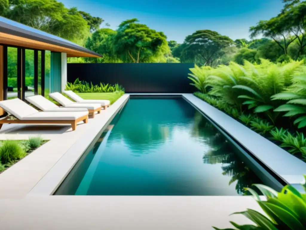 Piscina ecológica de diseño moderno en entorno natural Una piscina ecológica moderna rodeada de exuberante vegetación, con diseño sostenible y agua cristalina