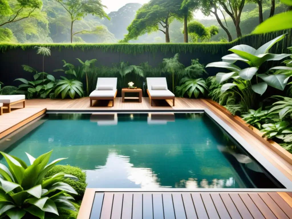 Piscina ecológica: Oasis de tranquilidad y sostenibilidad Una piscina ecológica moderna y serena en un paisaje exuberante, reflejando la naturaleza