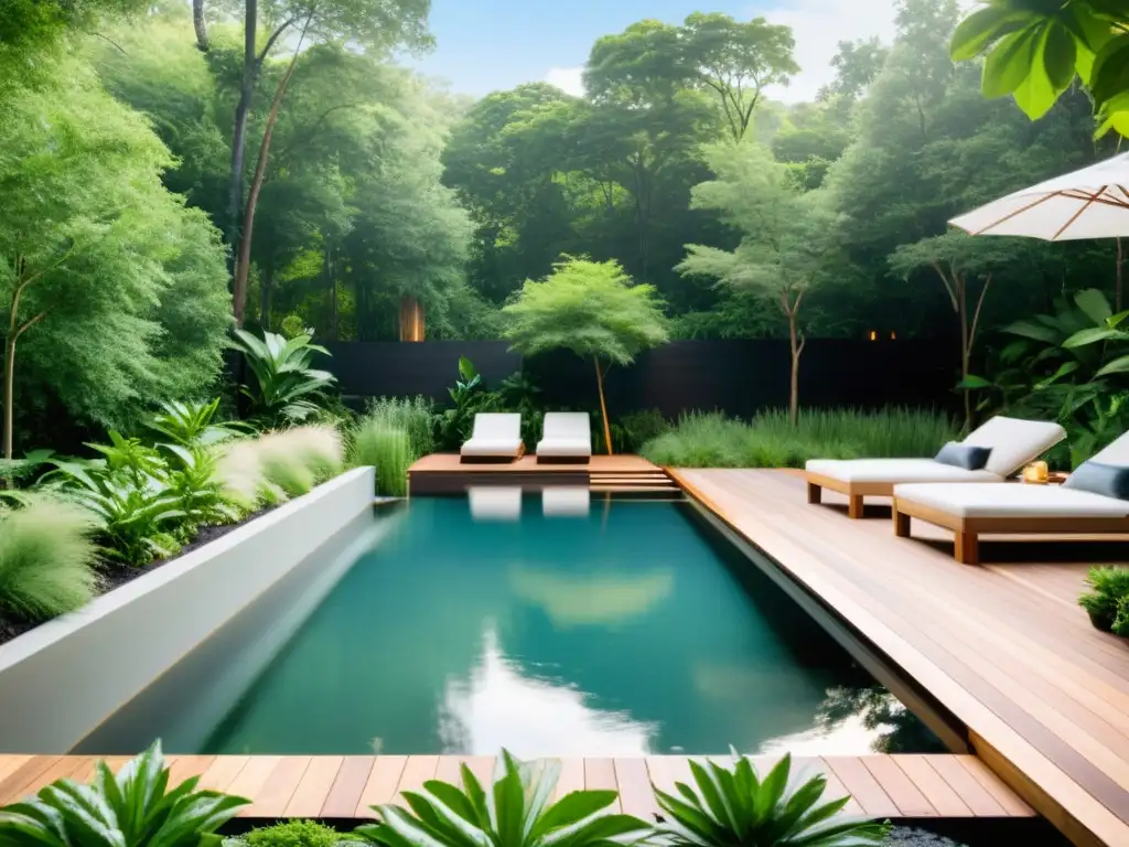 Piscina ecológica moderna en entorno natural Una piscina ecológica moderna y serena, rodeada de naturaleza exuberante y materiales sostenibles, reflejando armonía y tranquilidad