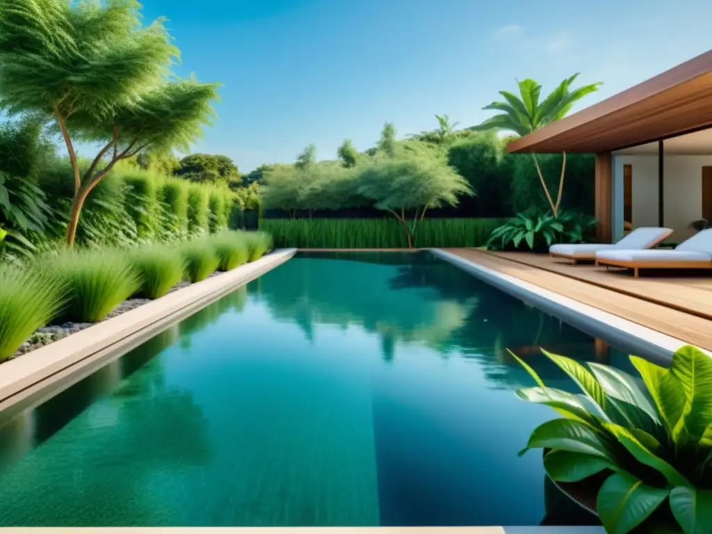 Piscina ecológica: oasis de serenidad y sostenibilidad Una piscina ecológica rodeada de exuberante vegetación, reflejando armonía y beneficios para la salud económica