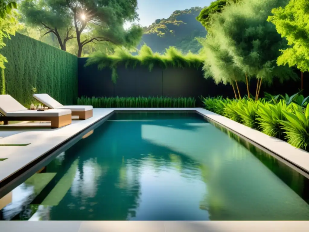 Piscina ecológica de diseño moderno en entorno natural Una piscina ecológica rodeada de exuberante vegetación, con agua cristalina y diseño minimalista