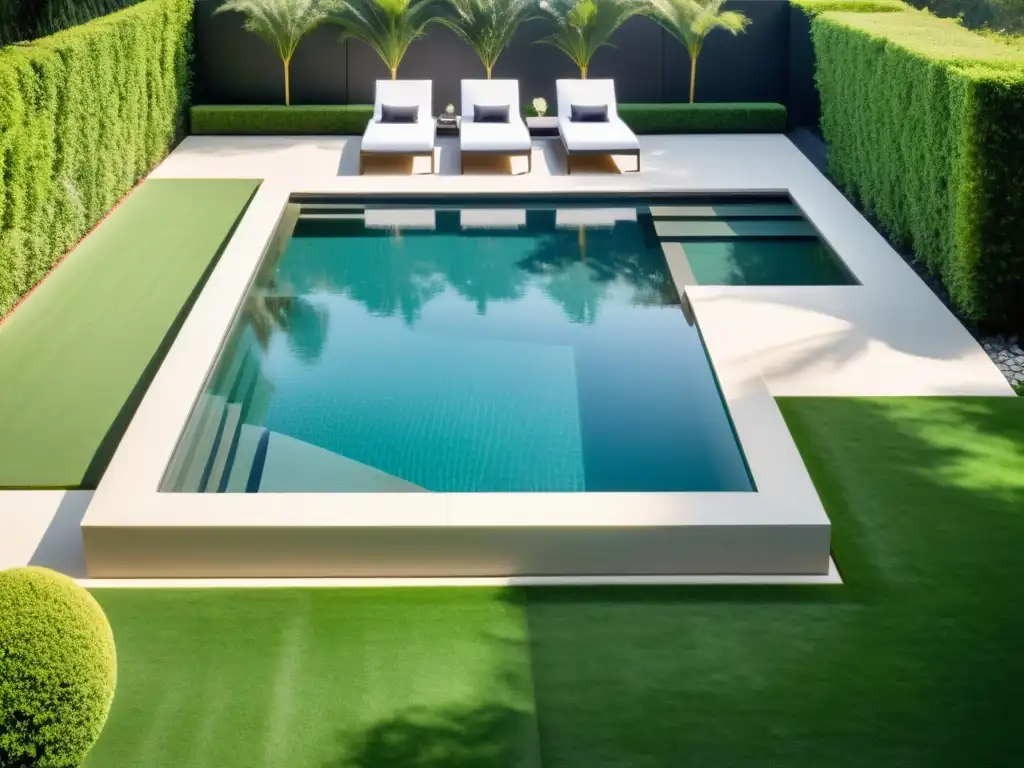Piscina de lujo con diseño geométrico y lounge al aire libre Piscina esquinera de diseño moderno, rodeada de elegante paisajismo y zona de descanso al aire libre