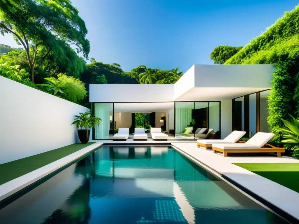 Esplendor natural: rincón de piscina moderna Piscina esquinera de lujo rodeada de exuberante vegetación y elegante mobiliario exterior, con reflejos brillantes en el agua