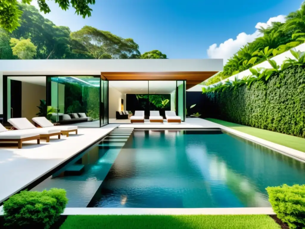 Oasis de lujo: piscina L moderna con vista submarina Piscina esquinera de lujo con vista subacuática, rodeada de exuberante vegetación y muebles elegantes