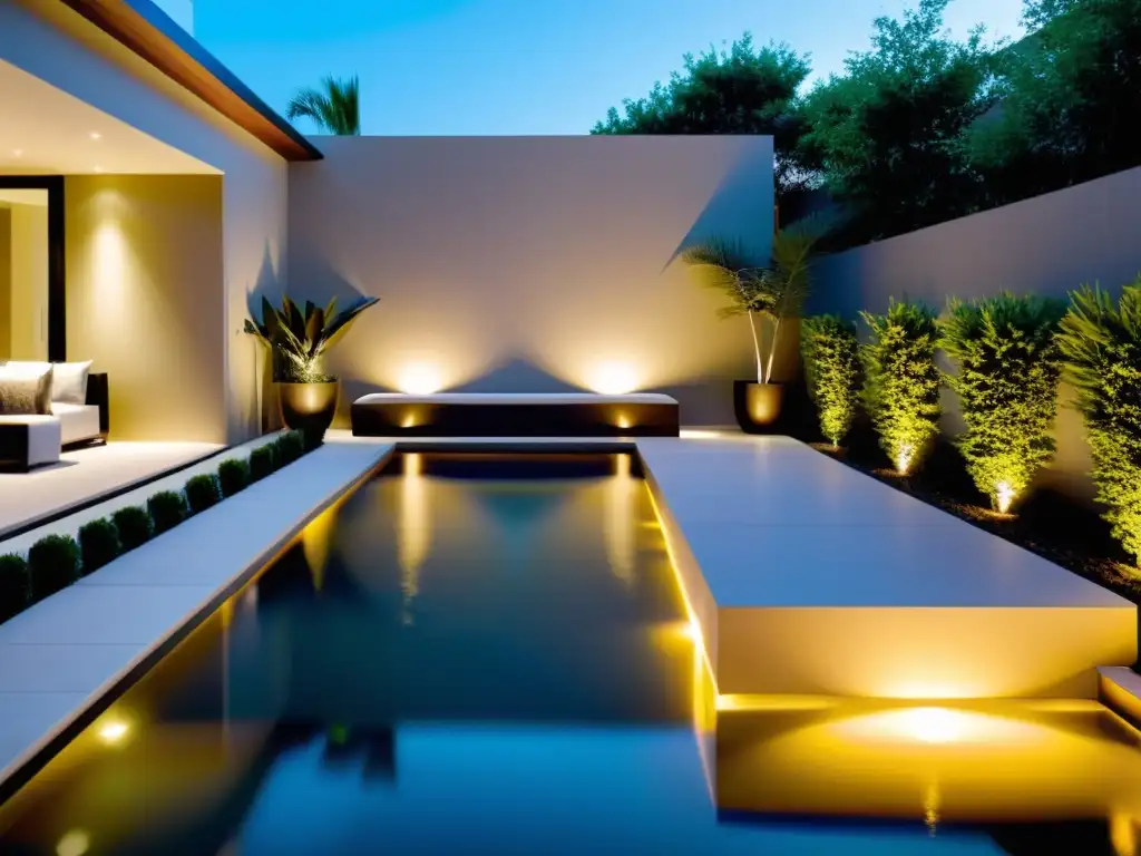 Exclusiva piscina geométrica en espacio reducido: diseño moderno y acogedor Piscina esquinera moderna con diseño elegante, iluminación suave y ambiente tranquilo para un oasis personal