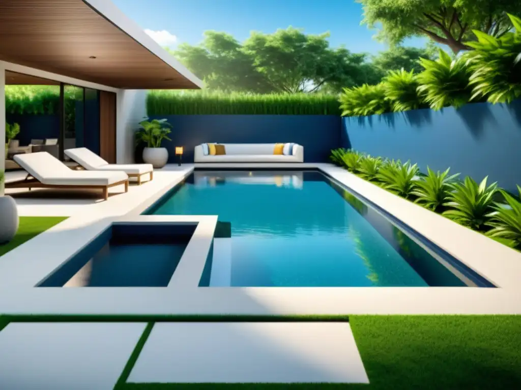 Piscina moderna en oasis de jardín exuberante Piscina esquinera para oasis personal: moderna, elegante y relajante, rodeada de vegetación exuberante y muebles contemporáneos al aire libre